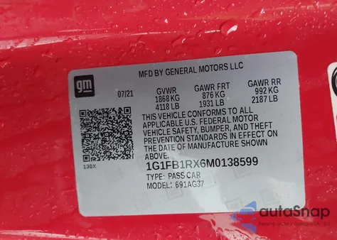 2021 Chevrolet Camaro Rwd 1Lt z USA, uszkodzony, nr VIN 1G1FB1RX6M0138599